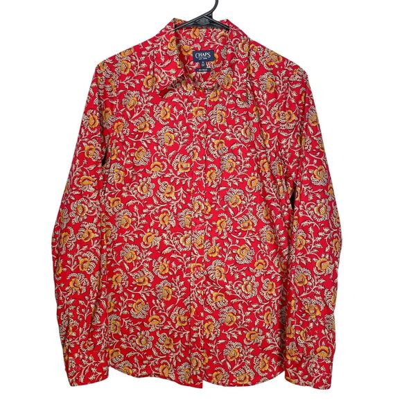 Chaps Ralph Lauren Womens Shirt Button Up Red Yellow Floral No Iron Blouse Top M - Picture 1 of 8